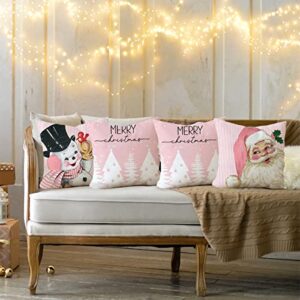 Christmas Decorations Pillow Covers 18x18 Set of 4 Pink Stripes Santa Snowman Snowflake Merry Christmas Tree Let It Snow Hello Winter Holiday Pillows Decorative Throw Cushion Case for Sofa Couch