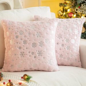 aqothes soft faux fur fuzzy cute decorative throw pillows covers with snowflake glitter printed pillowcases for christmas decor home bed room sofa chair couch, bright pink 18x18 inch, pack of 2