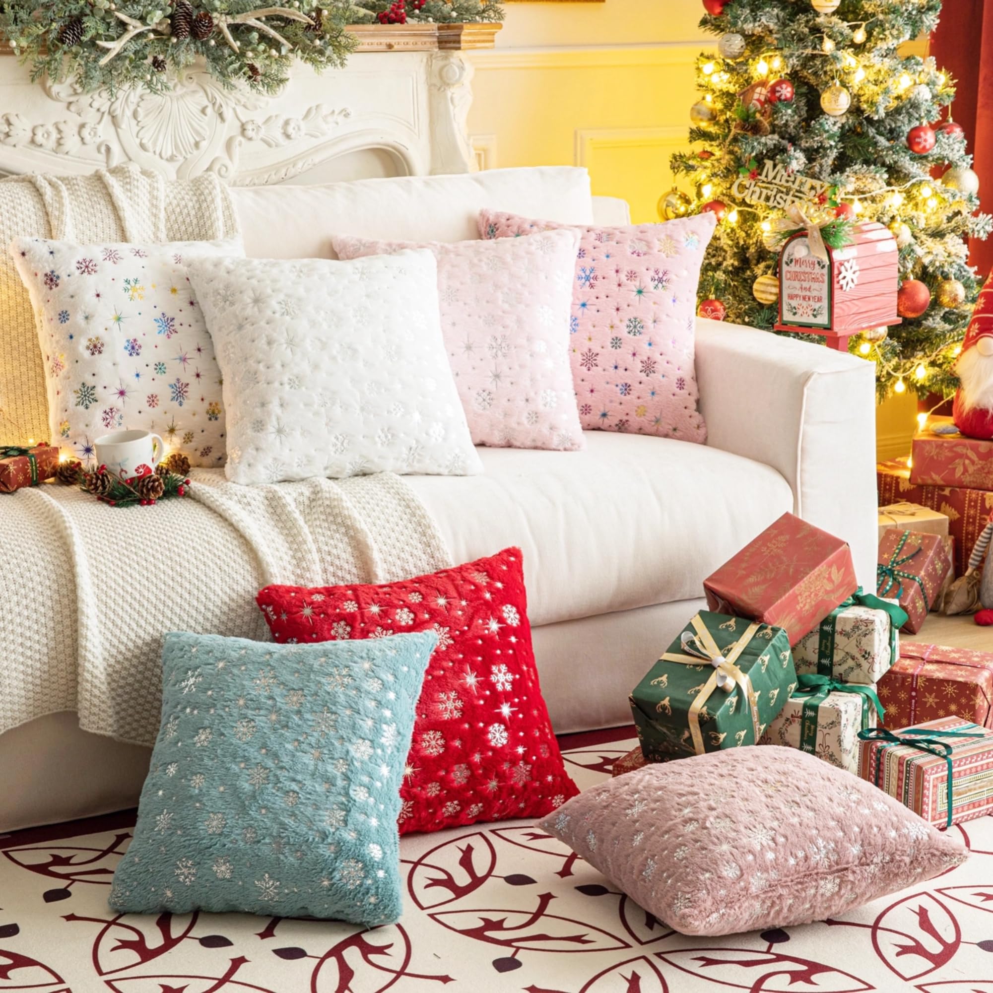 AQOTHES Soft Faux Fur Fuzzy Cute Decorative Throw Pillows Covers with Snowflake Glitter Printed Pillowcases for Christmas Decor Home Bed Room Sofa Chair Couch, Bright Pink 18x18 inch, Pack of 2