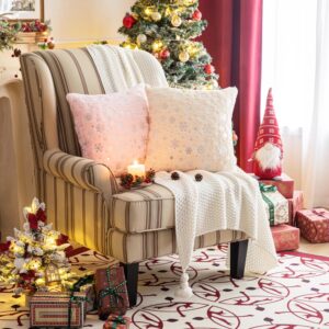 AQOTHES Soft Faux Fur Fuzzy Cute Decorative Throw Pillows Covers with Snowflake Glitter Printed Pillowcases for Christmas Decor Home Bed Room Sofa Chair Couch, Bright Pink 18x18 inch, Pack of 2