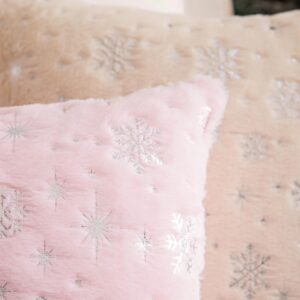 AQOTHES Soft Faux Fur Fuzzy Cute Decorative Throw Pillows Covers with Snowflake Glitter Printed Pillowcases for Christmas Decor Home Bed Room Sofa Chair Couch, Bright Pink 18x18 inch, Pack of 2