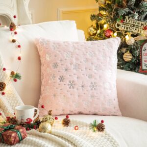 AQOTHES Soft Faux Fur Fuzzy Cute Decorative Throw Pillows Covers with Snowflake Glitter Printed Pillowcases for Christmas Decor Home Bed Room Sofa Chair Couch, Bright Pink 18x18 inch, Pack of 2