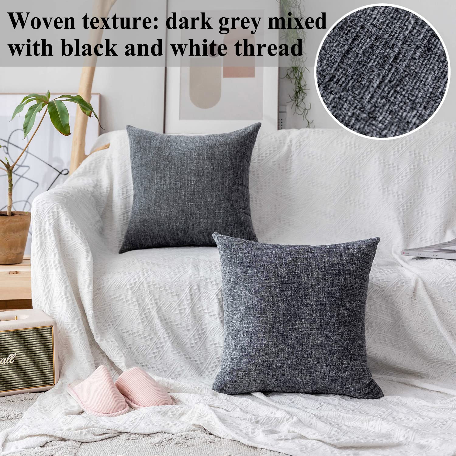 Home Brilliant Lumbar Pillow Cover Textured Chenille Decorative Throw Pillows for Couch Velvet Pillow Cases for Kids, Set of 2, Dark Grey, 30x50 cm, 12 x 20 inches