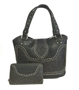 concealed carry tooled leather shoulder purse - concealed weapon gun bag w/ matching wallet by montana west (black)