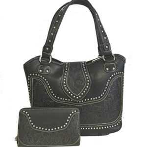 Concealed Carry Tooled Leather Shoulder Purse - Concealed Weapon Gun Bag w/ Matching Wallet By Montana West (Black)