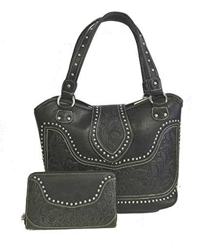 Concealed Carry Tooled Leather Shoulder Purse - Concealed Weapon Gun Bag w/ Matching Wallet By Montana West (Black)