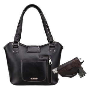 Concealed Carry Tooled Leather Shoulder Purse - Concealed Weapon Gun Bag w/ Matching Wallet By Montana West (Black)