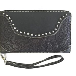 Concealed Carry Tooled Leather Shoulder Purse - Concealed Weapon Gun Bag w/ Matching Wallet By Montana West (Black)