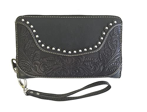 Concealed Carry Tooled Leather Shoulder Purse - Concealed Weapon Gun Bag w/ Matching Wallet By Montana West (Black)