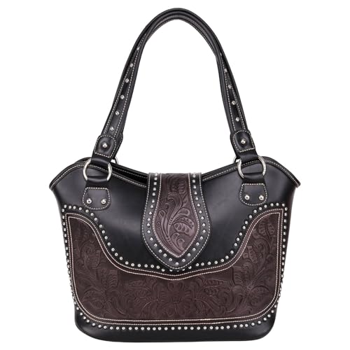 Concealed Carry Tooled Leather Shoulder Purse - Concealed Weapon Gun Bag w/ Matching Wallet By Montana West (Black)