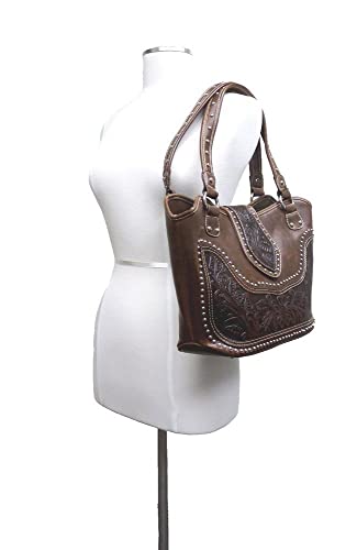 Montana West Ladies Concealed Gun Handbag Tooled Genuine Leather Dark Brown Medium