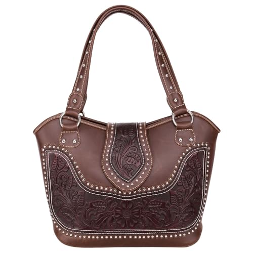 Montana West Ladies Concealed Gun Handbag Tooled Genuine Leather Dark Brown Medium