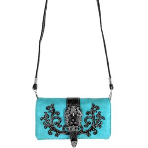 Justin West Tooled Laser Cut Leather Floral Embroidery Rhinestone Buckle Studded Shoulder Concealed Carry Tote Style Handbag Purse (Turquoise Purse and Wallet Set)