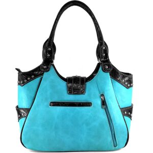 Justin West Tooled Laser Cut Leather Floral Embroidery Rhinestone Buckle Studded Shoulder Concealed Carry Tote Style Handbag Purse (Turquoise Purse and Wallet Set)