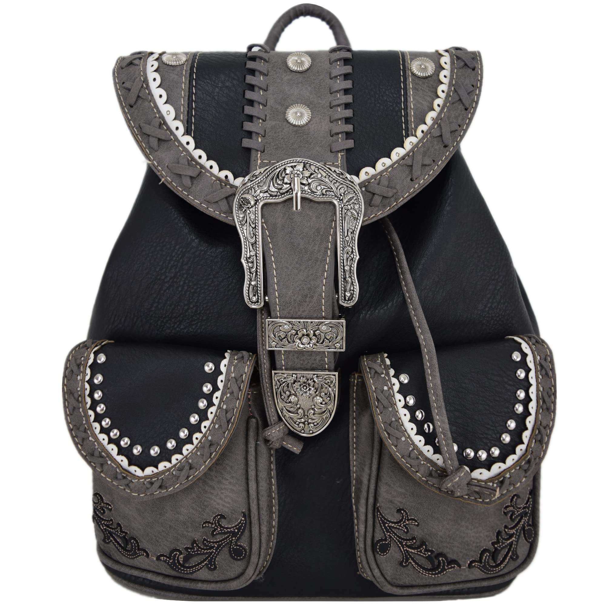 Western Style Tooled Buckle Floral Women Country Backpack School Bag Rucksack Daypack Biker Purse Matching Wallet Set (Black Set)