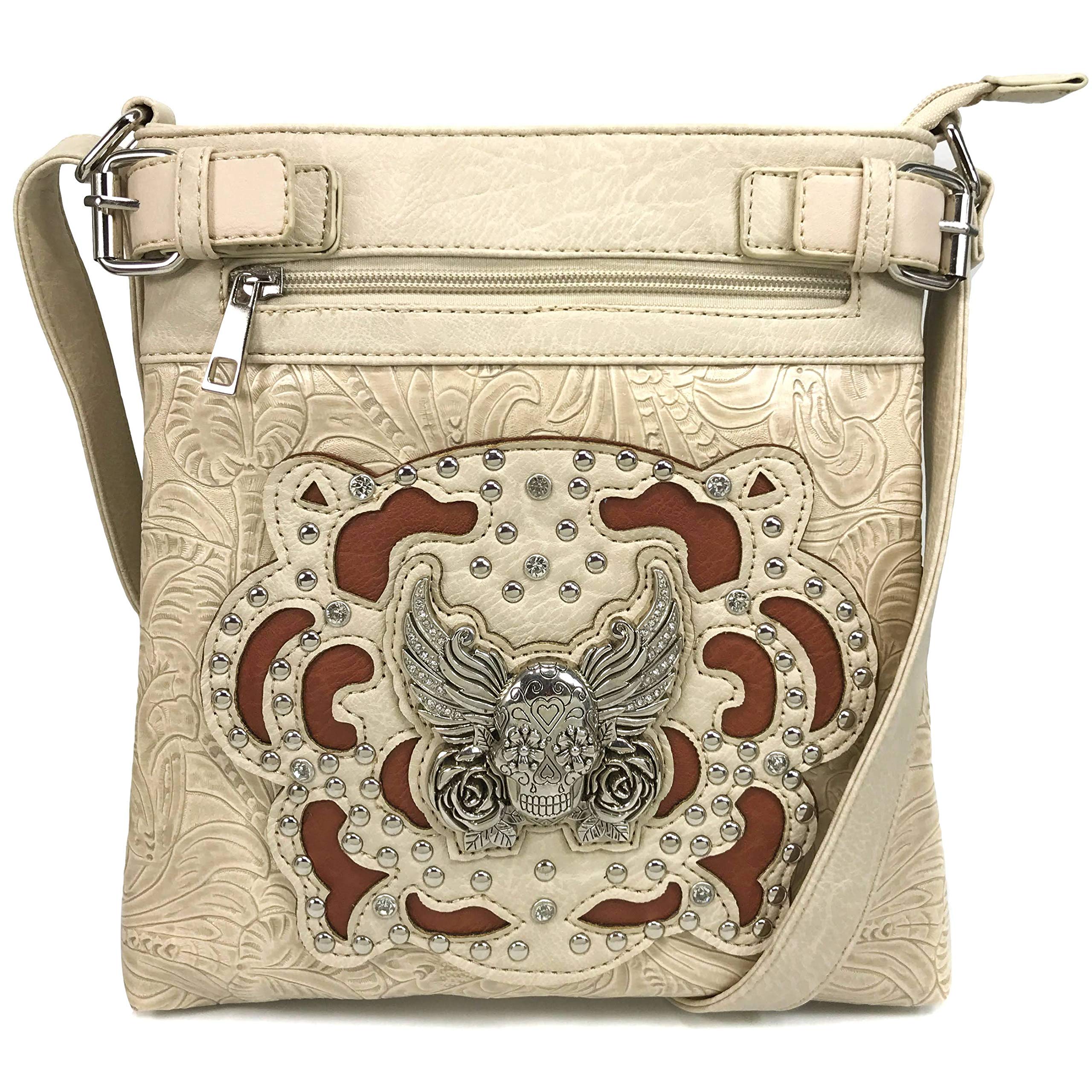 Justin West Tooled Rhinestone Skull Crossbody Messenger Bag Handbag Purse with Concealed Carry and Phone Slot (Beige)