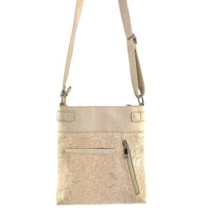 Justin West Tooled Rhinestone Skull Crossbody Messenger Bag Handbag Purse with Concealed Carry and Phone Slot (Beige)