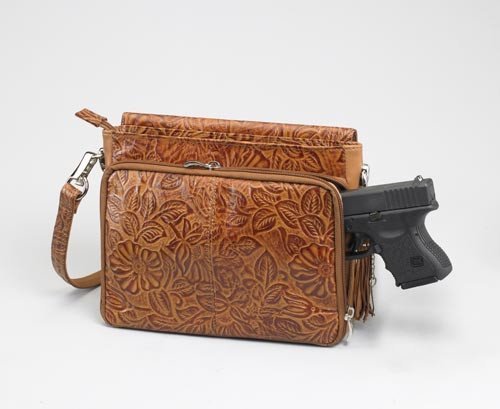 GTM GTM-22-TN Gun Tote'n Mamas Concealed Carry Tooled American Cowhide Shoulder Bag, Tan, Small