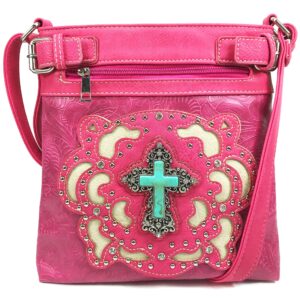 justin west tooled turquoise stone cross rhinestone laser cut shoulder chain concealed carry handbag purse wallet messenger (hot pink messenger bag)