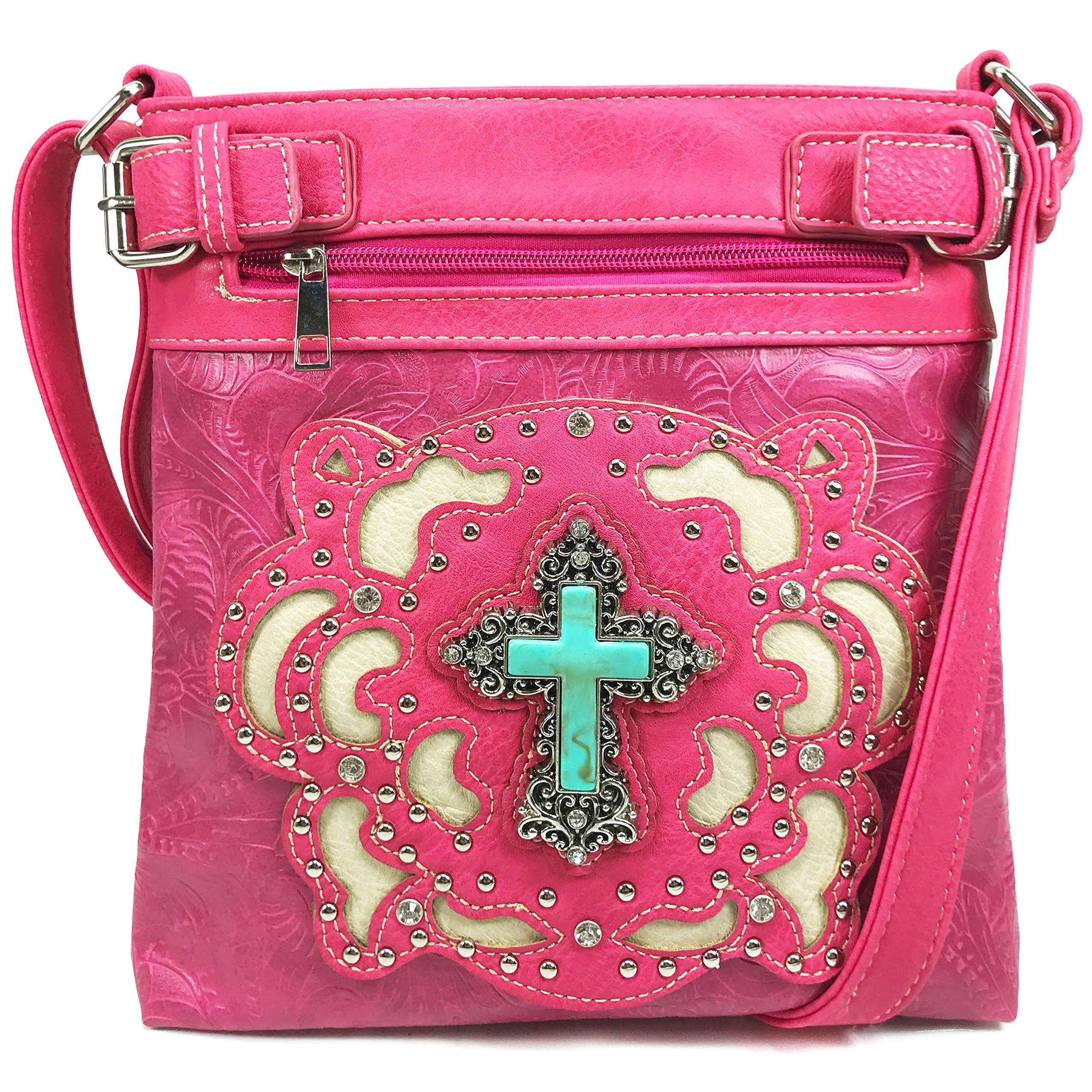 Justin West Tooled Turquoise Stone Cross Rhinestone Laser Cut Shoulder Chain Concealed Carry Handbag Purse Wallet Messenger (Hot Pink Messenger Bag)