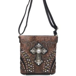 Justin West Clydesdale Tooled Leather Metal Stud Cross Conceal Carry Women Handbag Purse (Brown Messenger Only)