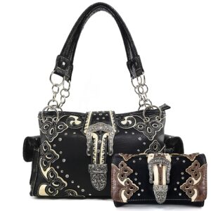 justin west western purse tooled laser cut floral design studs rhinestone buckle concealed carry handbag with trifold wristlet cross body strap wallet set (black white)