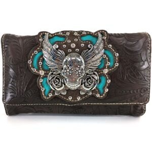 justin west tooled winged sugar skull roses laser cut chain shoulder concealed carry handbag purse wallet messenger bag (dark brown trifold wallet only)