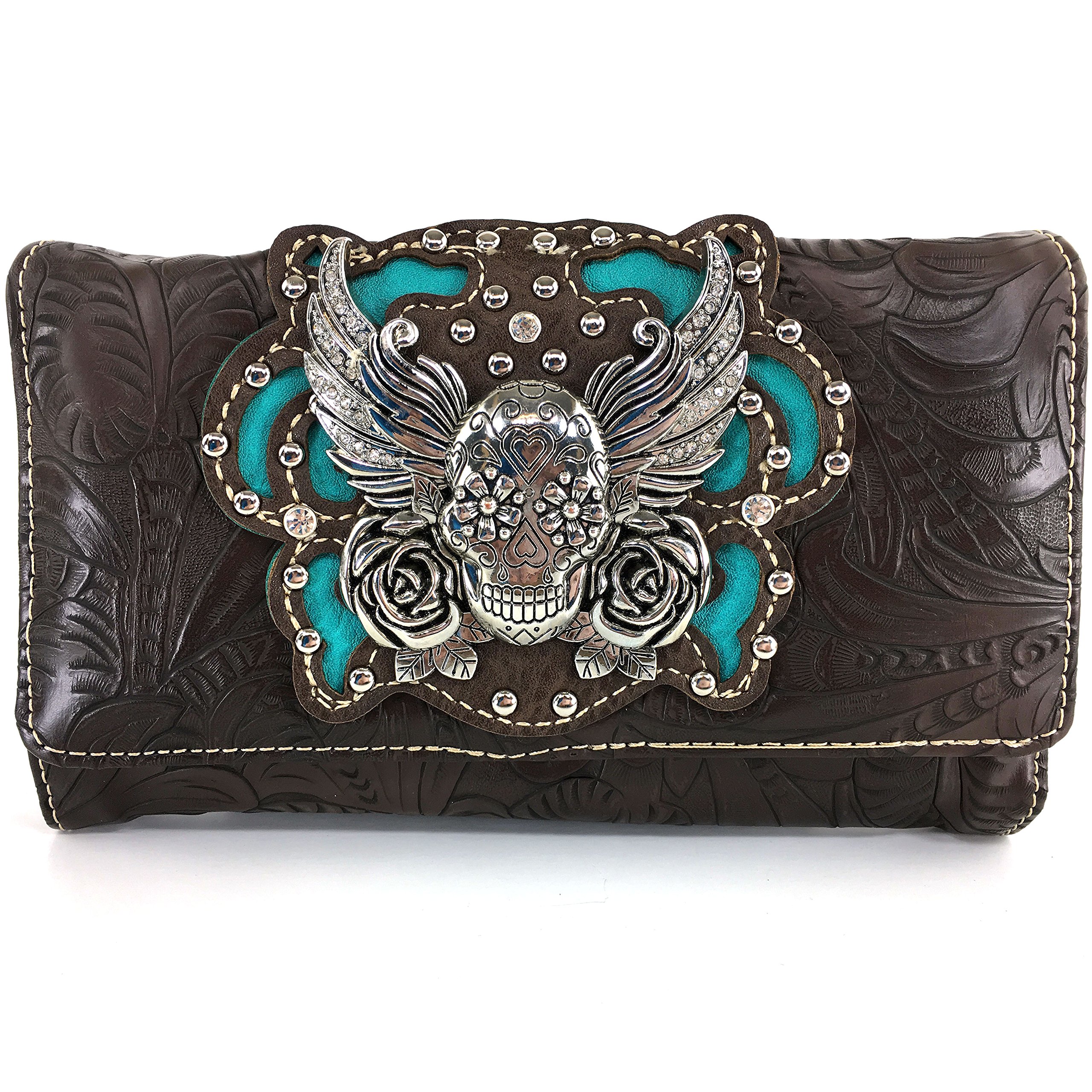 Justin West Tooled Winged Sugar Skull Roses Laser Cut Chain Shoulder Concealed Carry Handbag Purse Wallet Messenger Bag (Dark Brown Trifold Wallet ONLY)