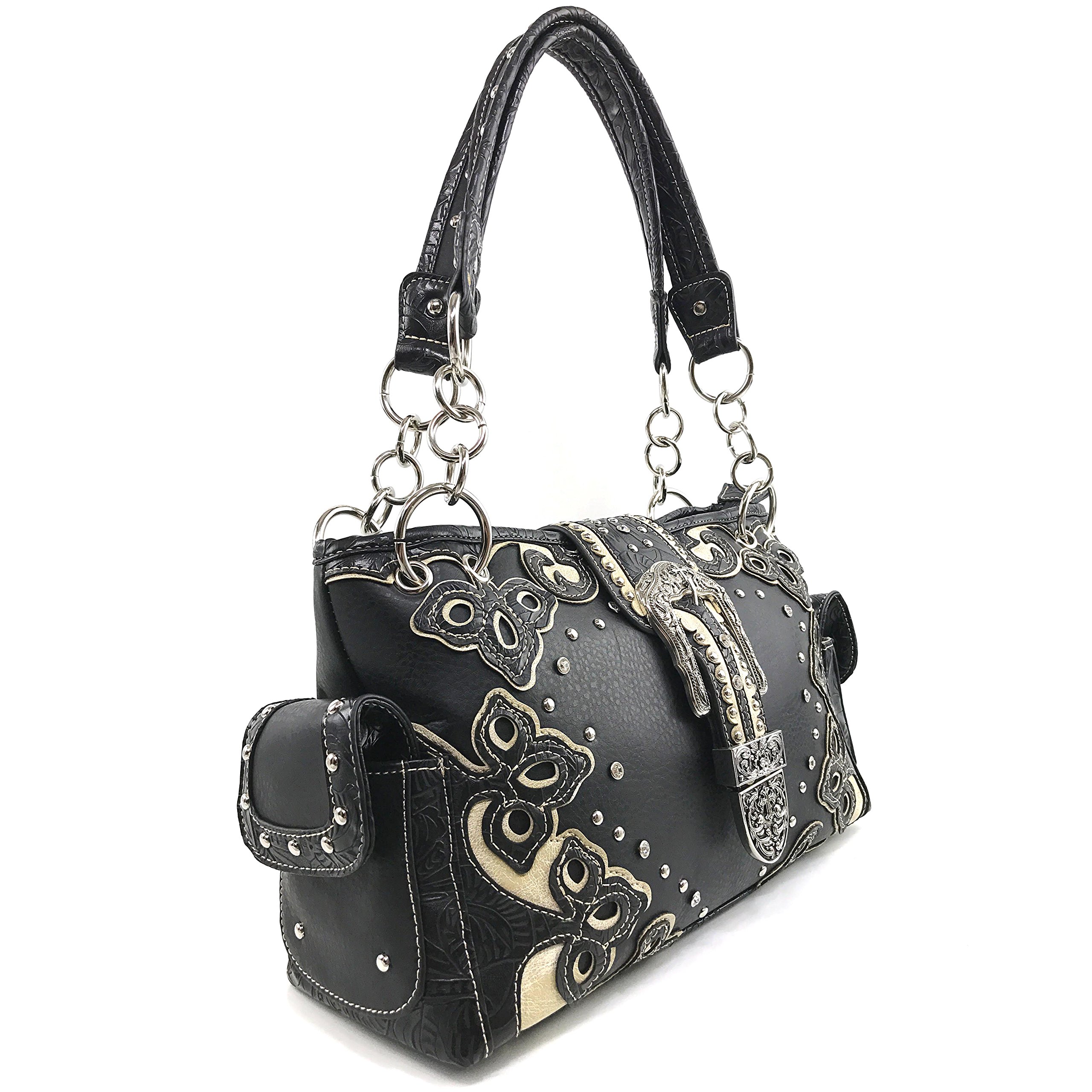 Justin West Western Purse Tooled Laser Cut Floral Design Studs Rhinestone Buckle Concealed Carry Handbag With Trifold Wristlet Cross Body Strap Wallet Set (Black White)