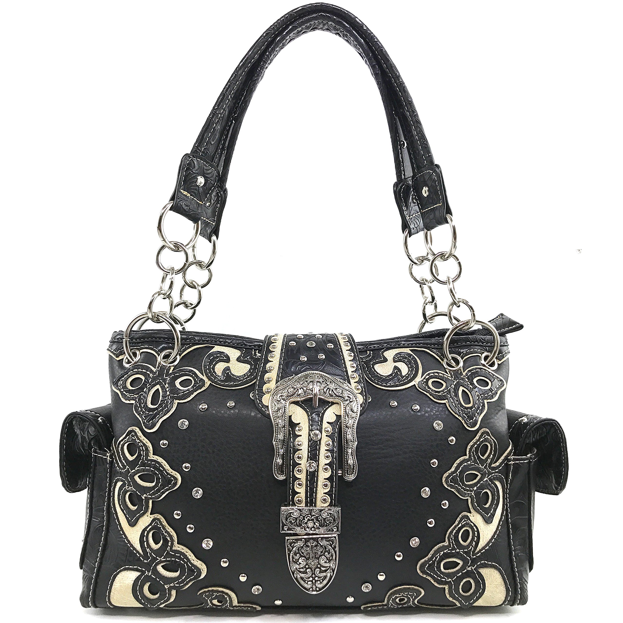 Justin West Western Purse Tooled Laser Cut Floral Design Studs Rhinestone Buckle Concealed Carry Handbag With Trifold Wristlet Cross Body Strap Wallet Set (Black White)