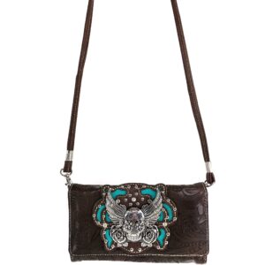 Justin West Tooled Winged Sugar Skull Roses Laser Cut Chain Shoulder Concealed Carry Handbag Purse Wallet Messenger Bag (Dark Brown Trifold Wallet ONLY)