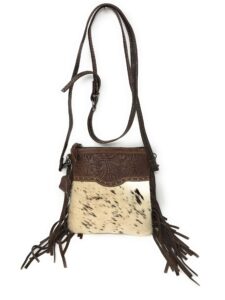 concealed carry leather western floral tool cowhide womens fringe clutch crossbody in 2 colors (brown)