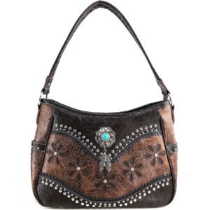 zelris floral western pu tooled leather turquoise concho feathers conceal carry women hobo purse handbag (brown)