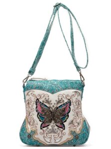 western style butterfly tooled leather women purse cross body handbag concealed carry single shoulder bag (turquoise)