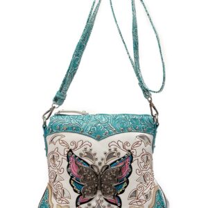 Western Style Butterfly Tooled Leather Women Purse Cross Body Handbag Concealed Carry Single Shoulder Bag (Turquoise)