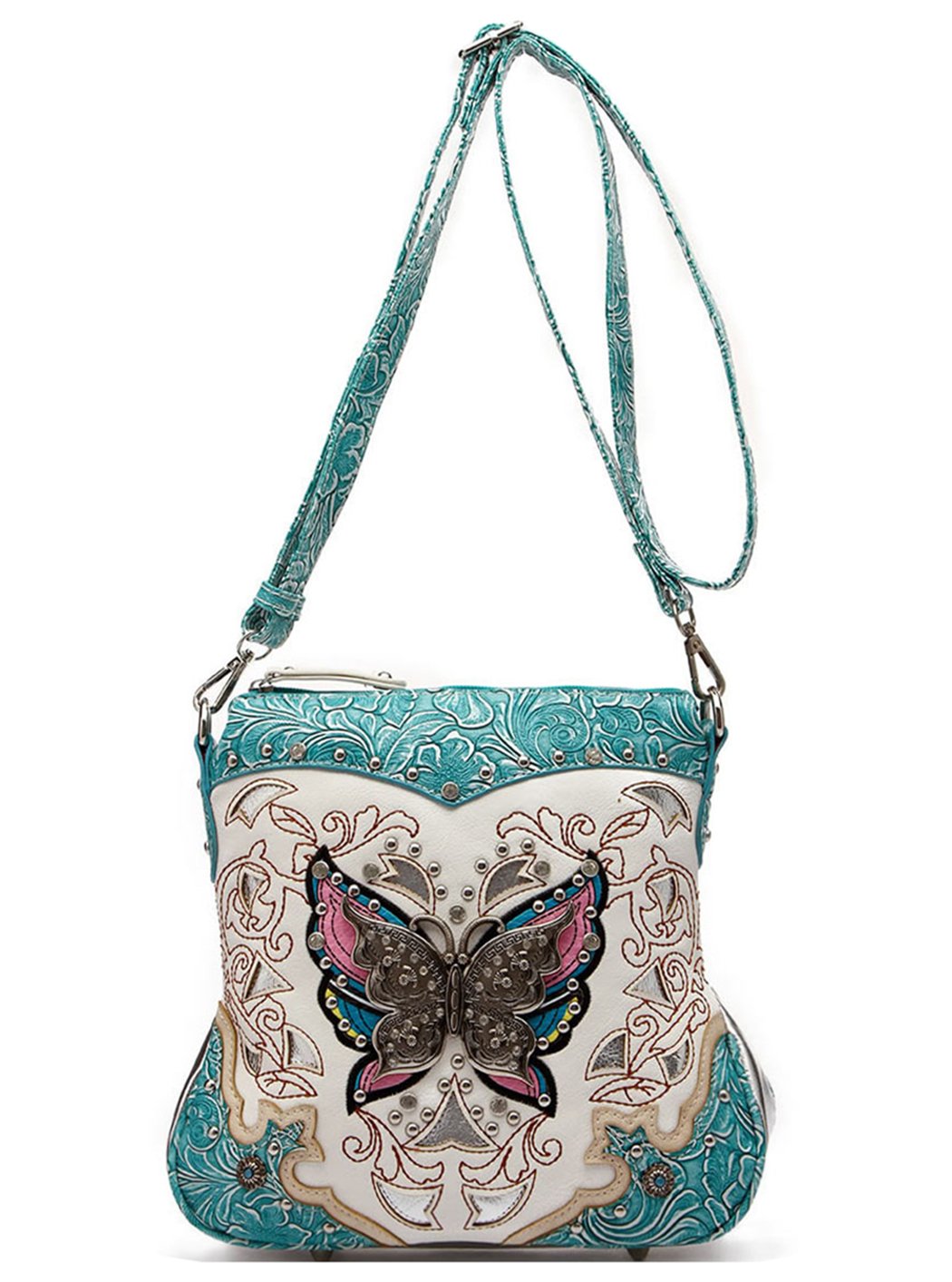 Western Style Butterfly Tooled Leather Women Purse Cross Body Handbag Concealed Carry Single Shoulder Bag (Turquoise)