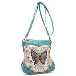 Western Style Butterfly Tooled Leather Women Purse Cross Body Handbag Concealed Carry Single Shoulder Bag (Turquoise)