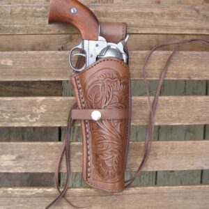 Gun Belt with Right Handed Tooled Holster Combo - 22 Caliber - Leather - Brown (brown,40") - sizes are for hip size