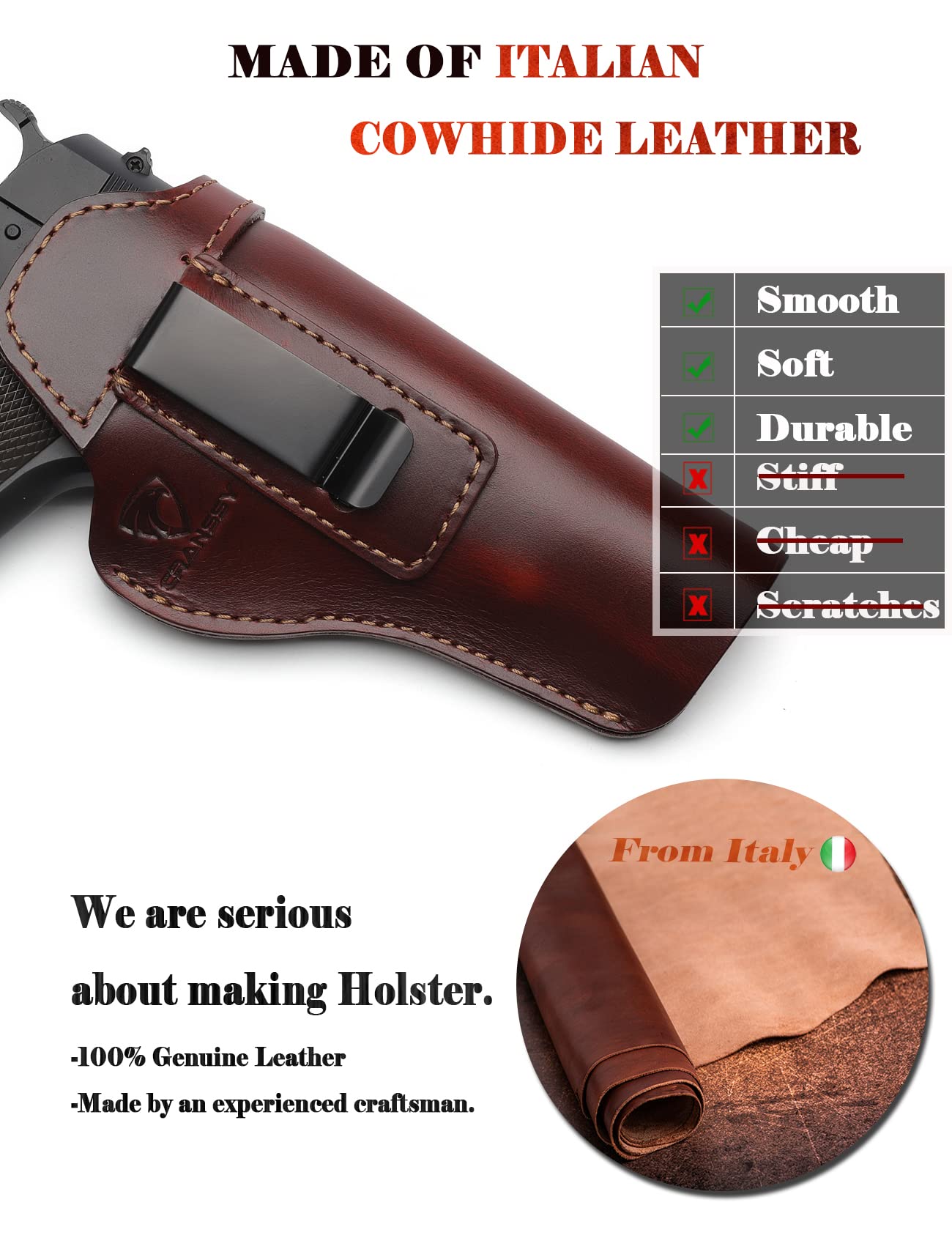 Cranssy 1911 Holster - Genuine Leather IWB Holster for Concealed Carry - Compatible with Kimber 1911/Colt 1911 /S & W 1911/Sig Sauer 1911/ Remington - Ruger & More 5 inch Barrel Pistols (Brown, Right)