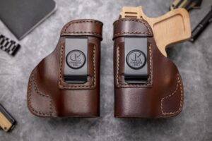 outbags usa ls2shieldx (brown-right) full grain heavy leather iwb conceal carry gun holster for smith & wesson m&p shield 9mm / 40 s&w with crimson trace laser. handcrafted in usa.