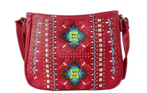 western tooled leather floral damask pattern embroidered rhinestone concealed crossbody messenger bag (wine)