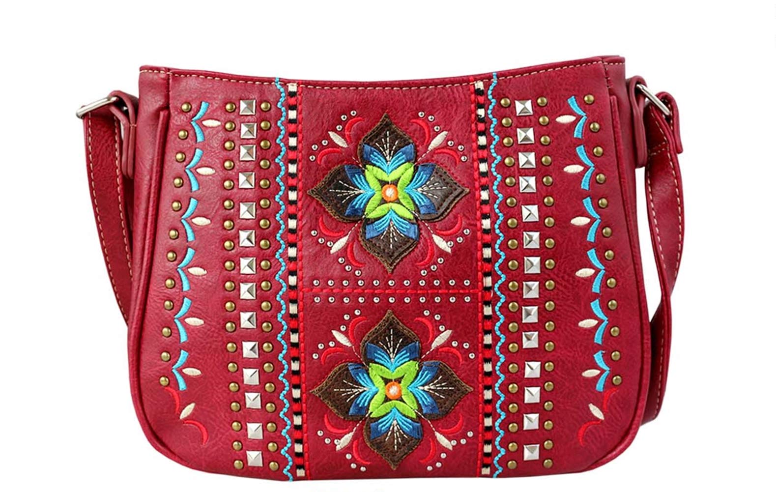 Western Tooled Leather Floral Damask Pattern Embroidered Rhinestone Concealed Crossbody Messenger Bag (Wine)