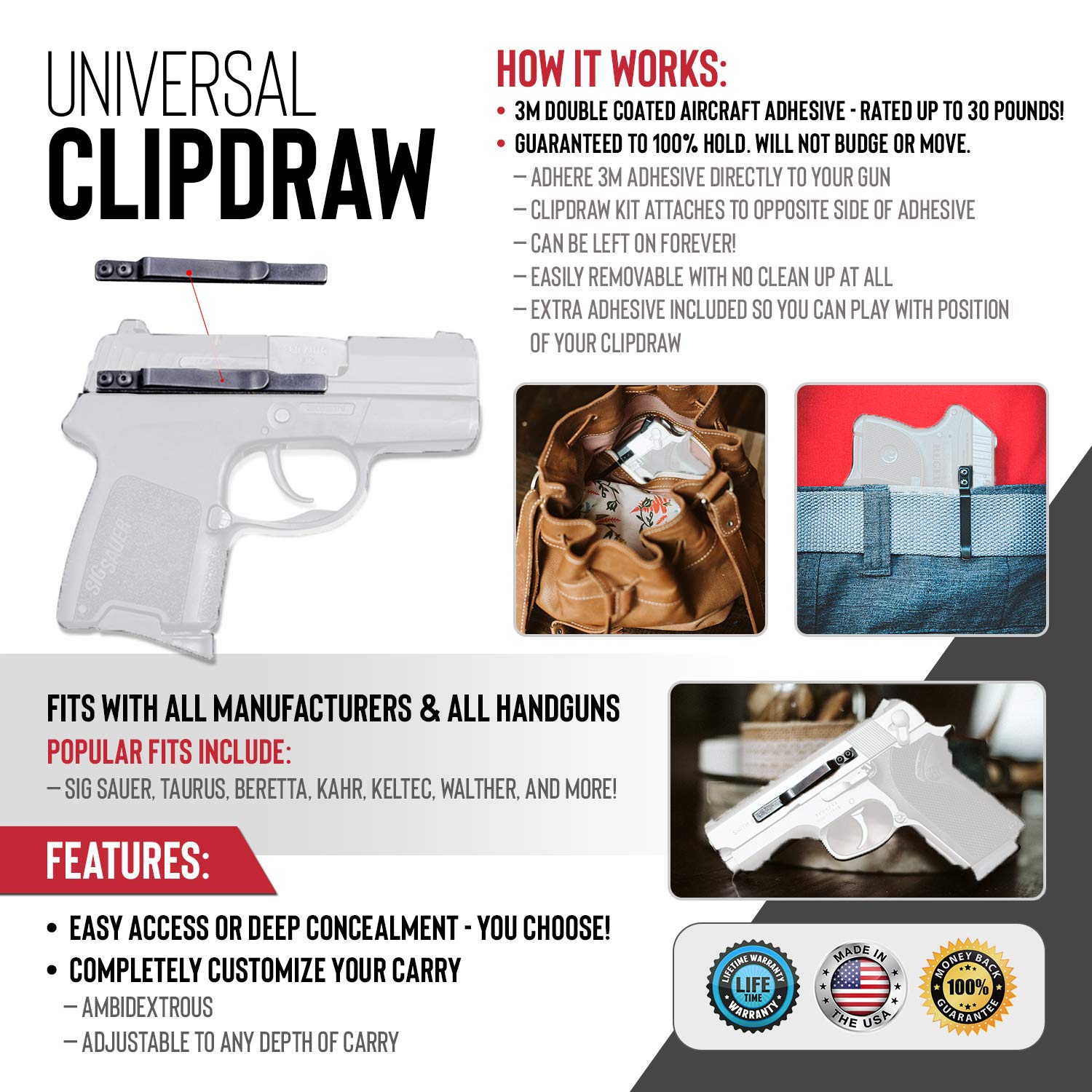 ClipDraw Concealed Carry Belt Clip for Semi-Automatic Handguns Silver SA-S