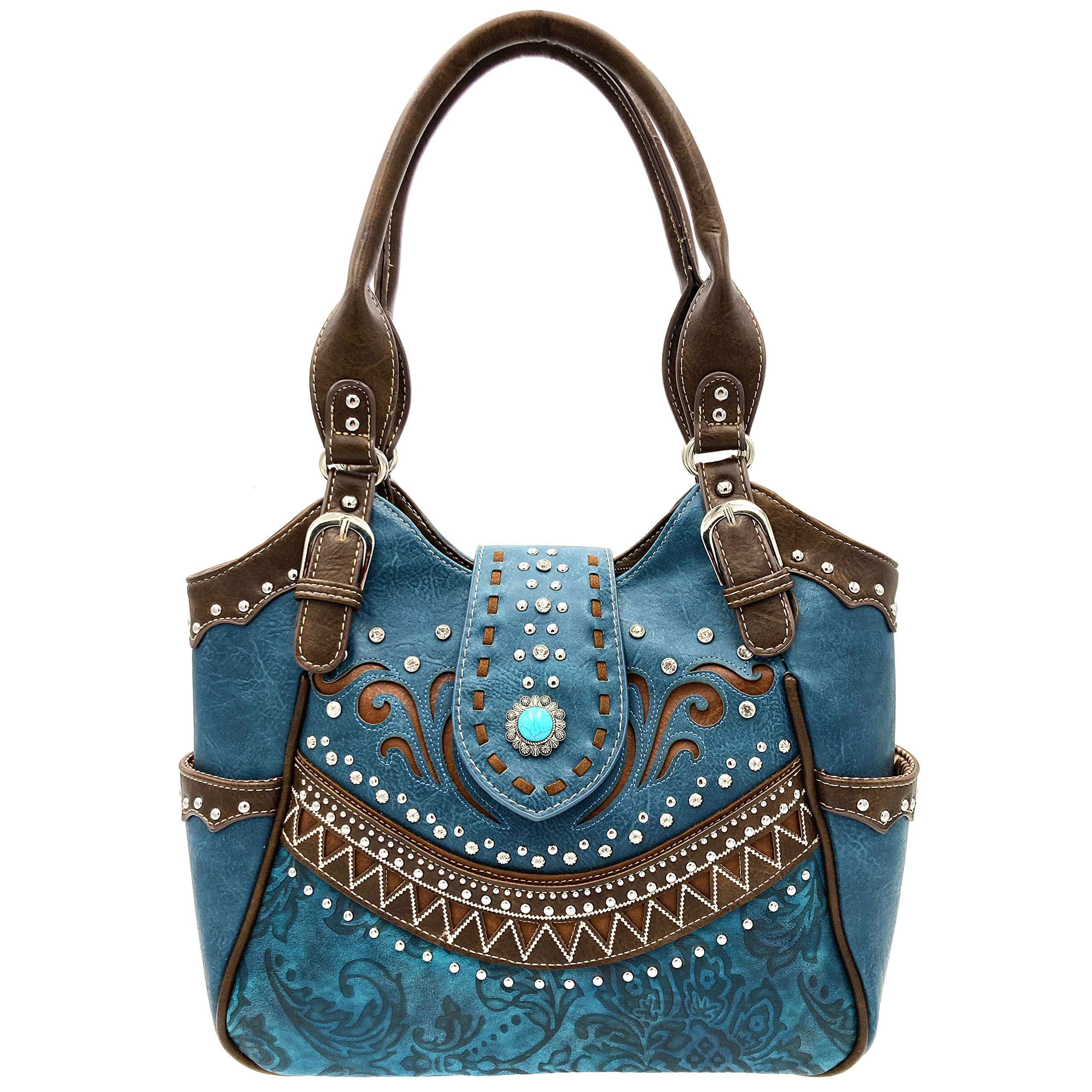 Rustic Western Floral Tooled Laser Cut Turquoise Concho Studded Tote Purse Bag Wallet Set (Teal)