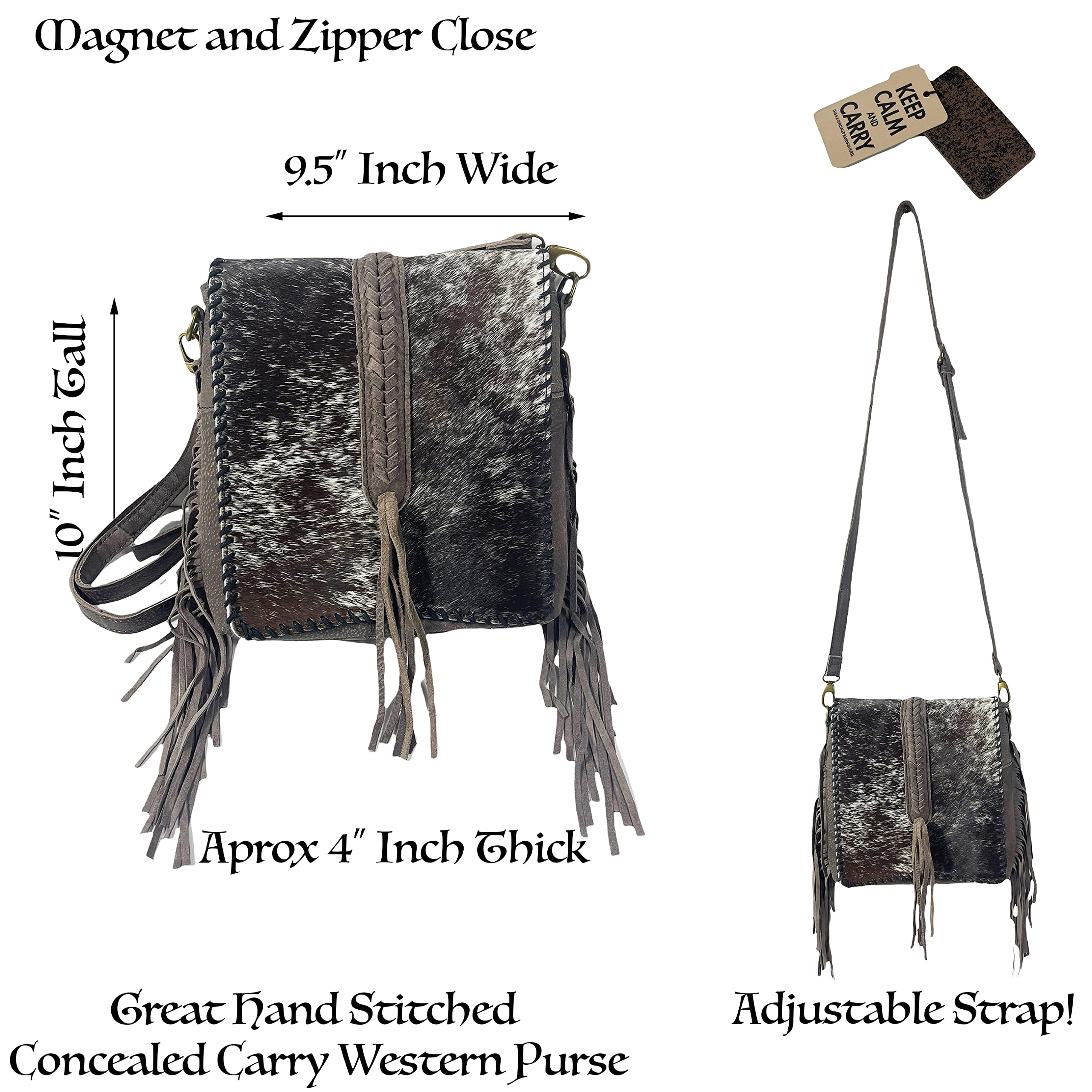 Urbalabs Western Cowhair Concealed Carry Womens Crossbody Fringe Purse Genuine Leather Handmade Stitched Handbag (Grey)