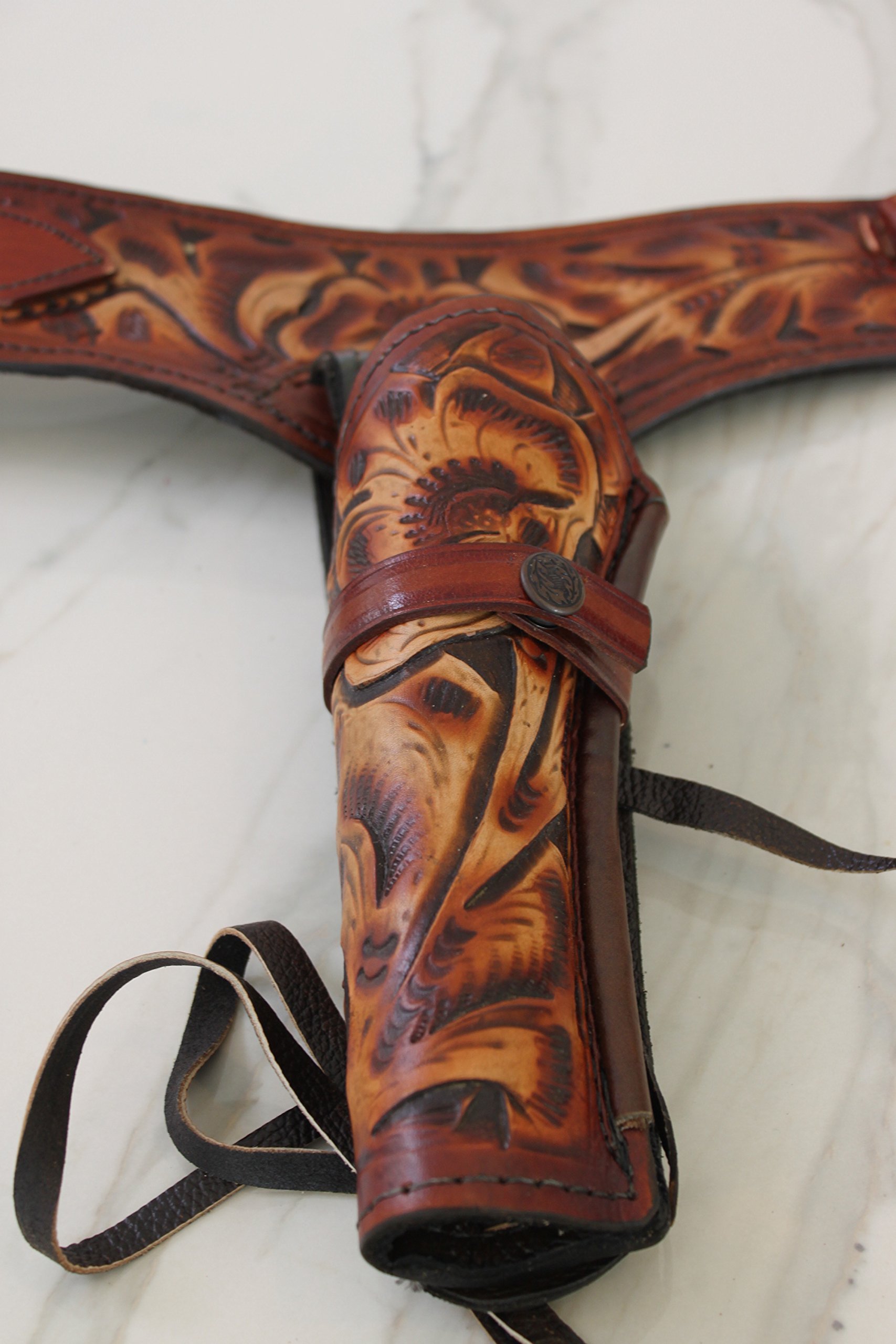 New 38/357 Cal Tooled Bicolor Holster Gun Belt Drop Loop Leather Western RIG SASS 34"-52 (46)