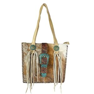 Urbalabs Western Cowhair Concealed Carry Shoulder Bag Buckle Fringe Purse Genuine Leather Handmade Stitched Handbag (Light Brown)