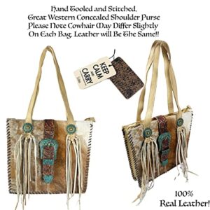 Urbalabs Western Cowhair Concealed Carry Shoulder Bag Buckle Fringe Purse Genuine Leather Handmade Stitched Handbag (Light Brown)