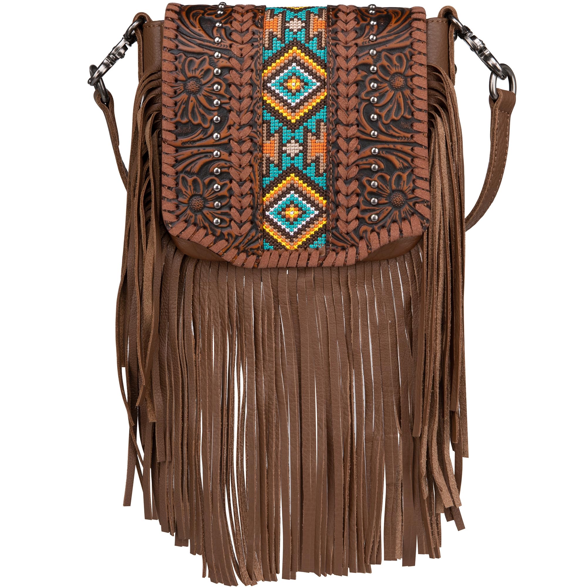 Montana West Western Small Purses for Women Crossbody Bag Fringe Purse Leather Women's Shoulder Handbags Tooled Aztec LSS-RLC-L166BR