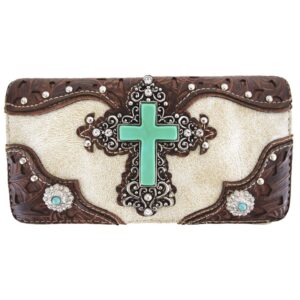 Western Style Rhinestone Cross Conchos Studded Women Purse Tooled Leather Handbag Country Shoulder Bag Trifold Wallet Set (Beige #2)